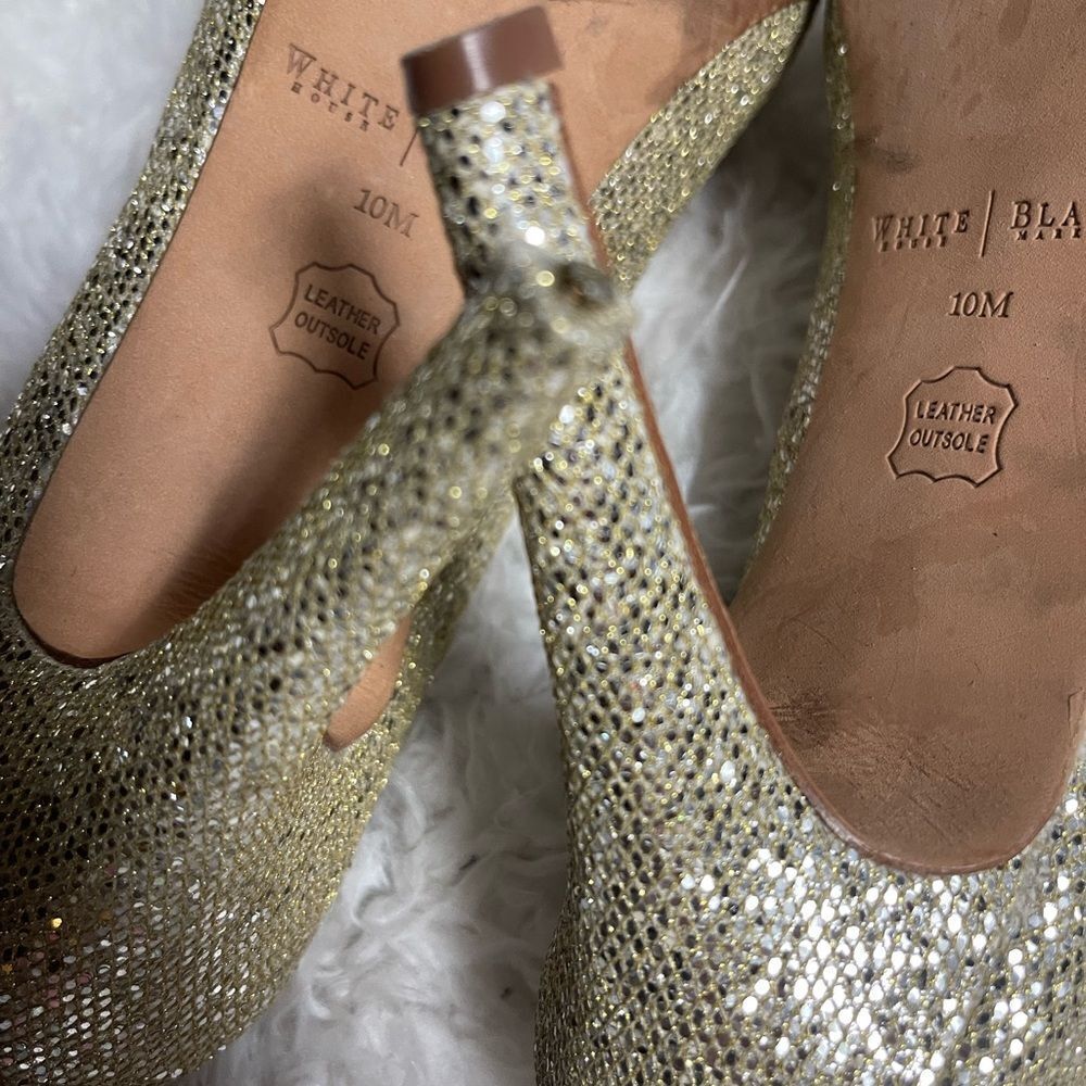 White House Black Market Dancer synthetic sparkling gold heels peep toe SZ10M - Picture 11 of 11